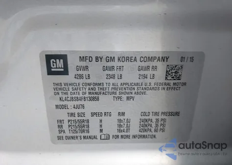 2015 Buick Encore Convenience from USA, damaged, VIN KL4CJBSB4FB130858